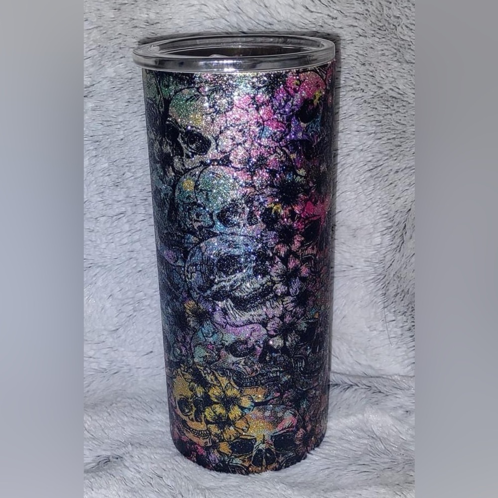15oz Glitter insulated metal tumbler featuring a watercolor style skull  floral